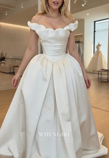 Off-the-Shoulder Pleated Ball Gown Wedding Dress
