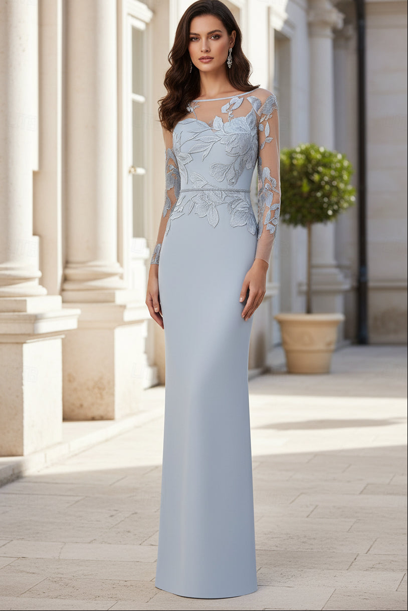 Embroidered Illusion Bodice Column Evening Gown