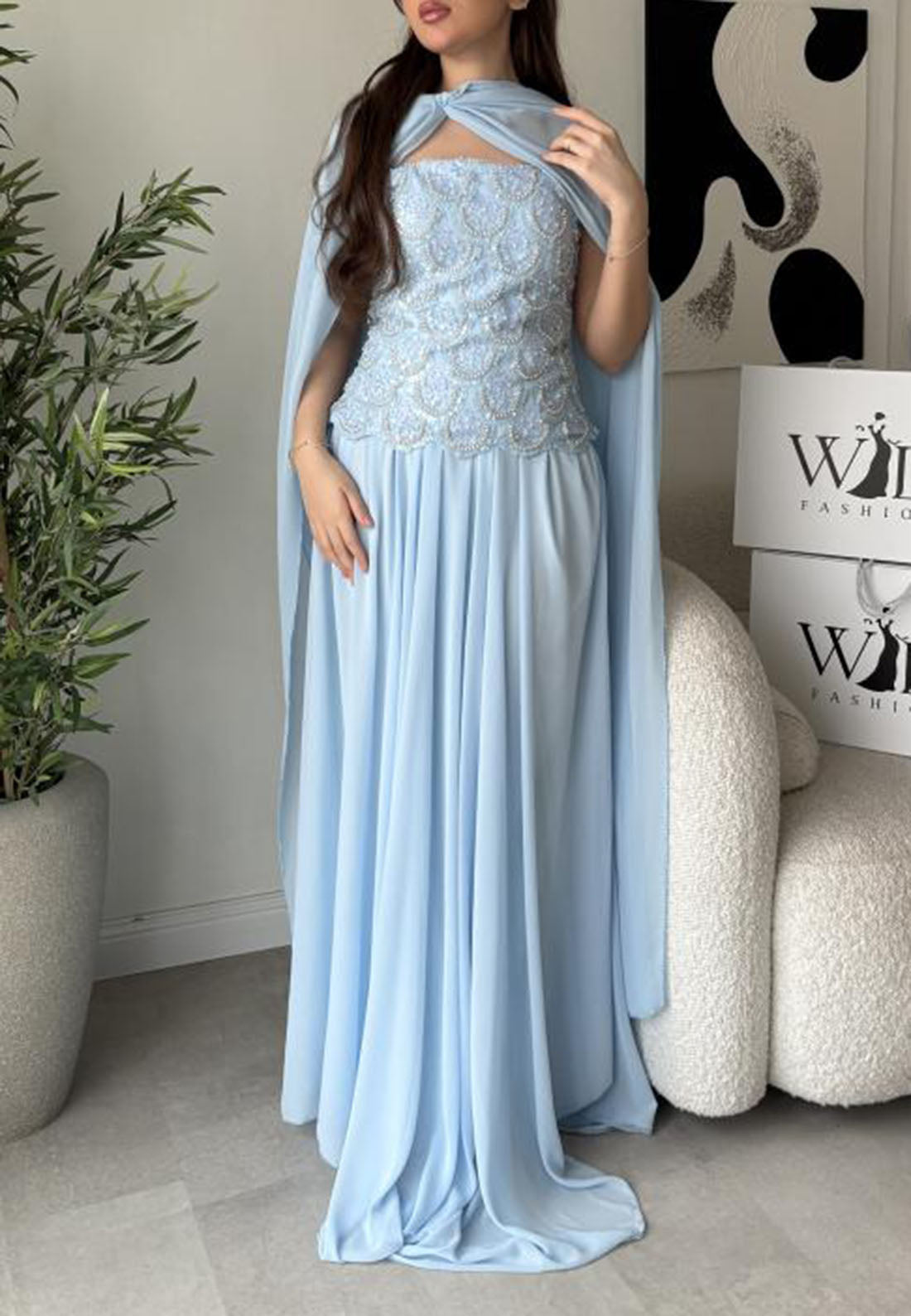 Embellished Bodice Cape Evening Gown