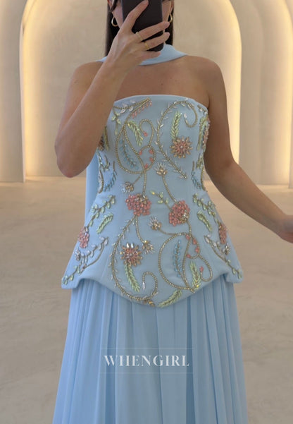 Embroidered Strapless Peplum Gown with Shawl