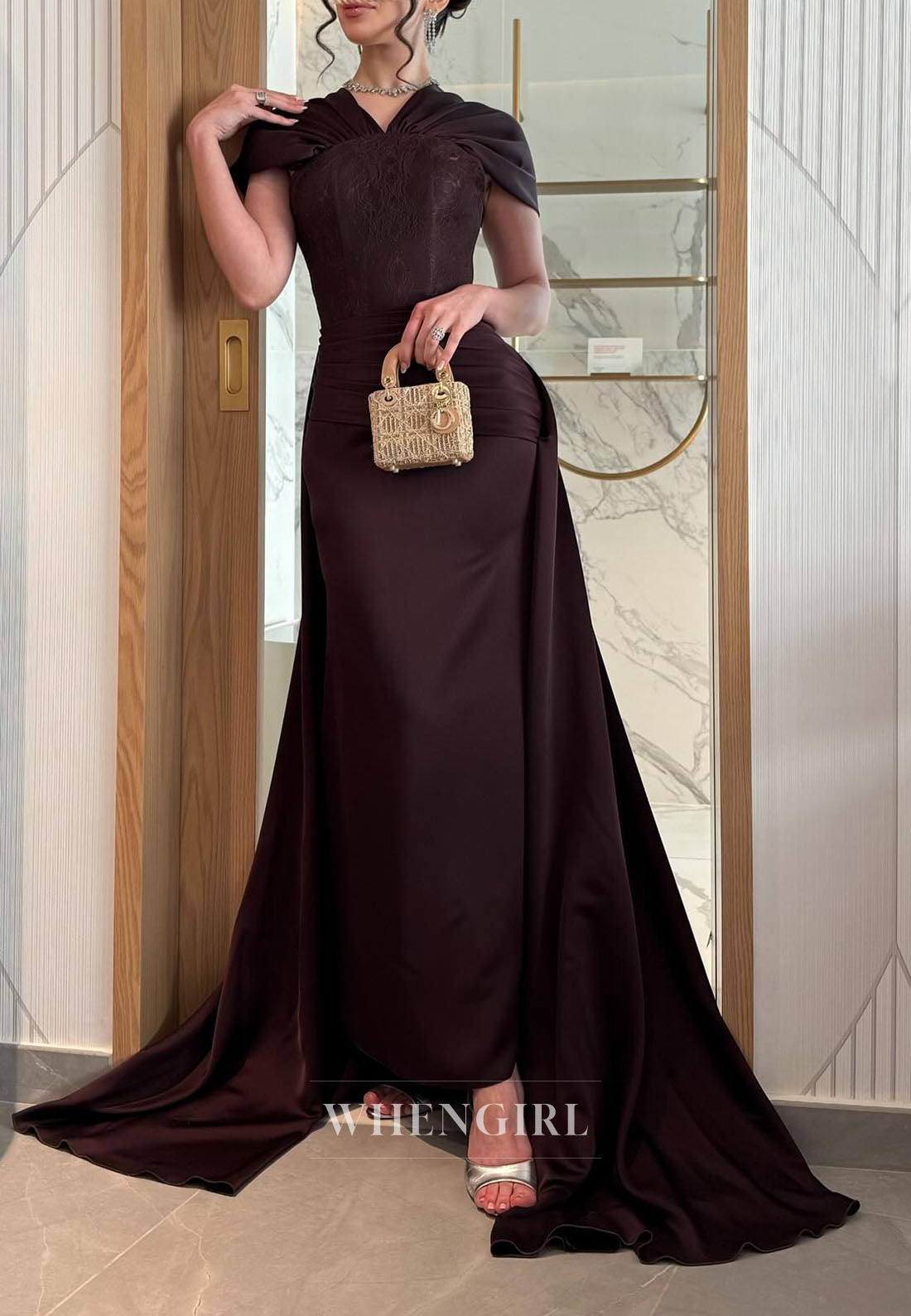 Gathered Shawl Collar Evening Gown with Train