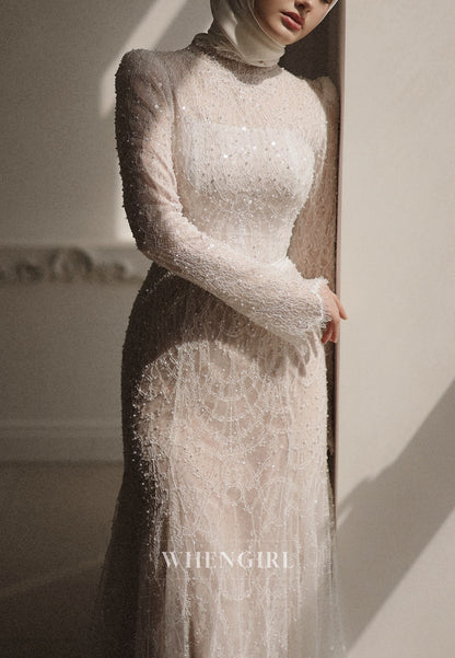 High Neck Sequin Lace Wedding Dress with Sleeves