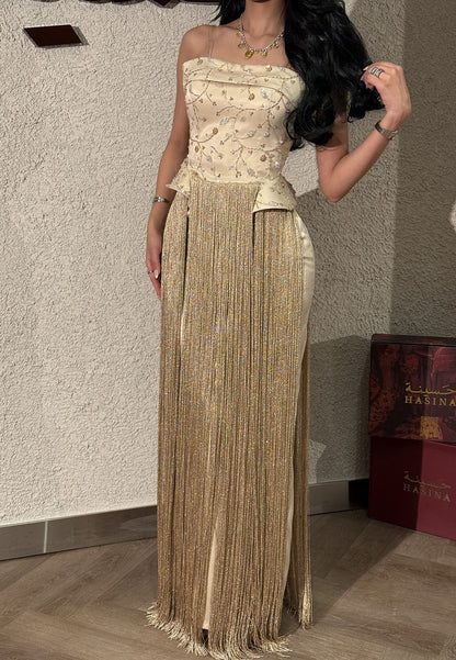 Embroidered Peplum Gown with Long Fringe Skirt