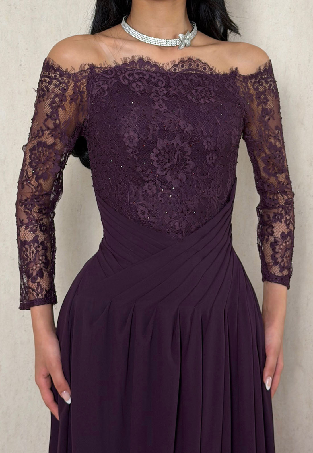 Lace Off-the-Shoulder Pleated Evening Gown