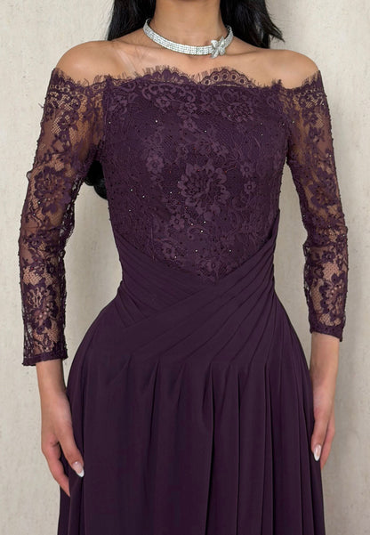 Lace Off-the-Shoulder Pleated Evening Gown