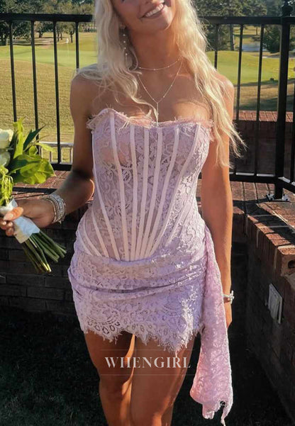 Strapless Lace Corset Mini Dress with Side Drape