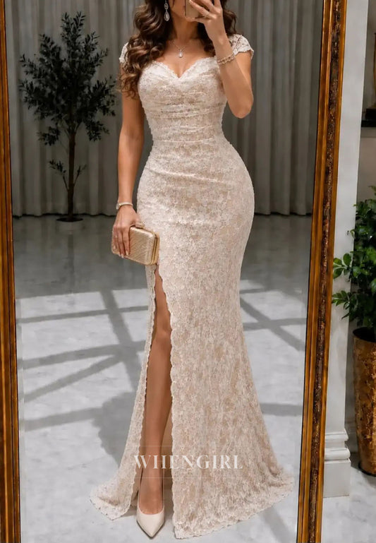 Lace Cap Sleeve Gown with High Slit