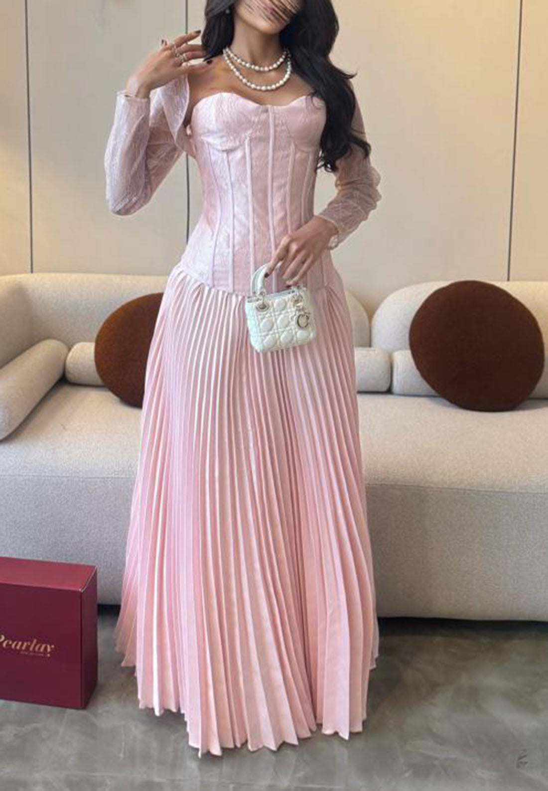 Corset Pleated Maxi Dress with Lace Long Sleeves