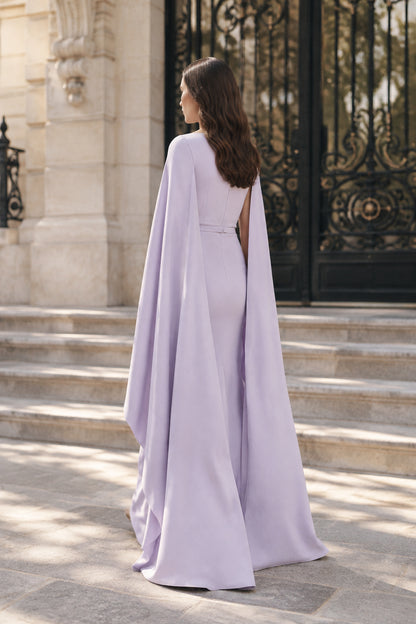 Cape Sleeve Evening Gown with Beaded Neckline