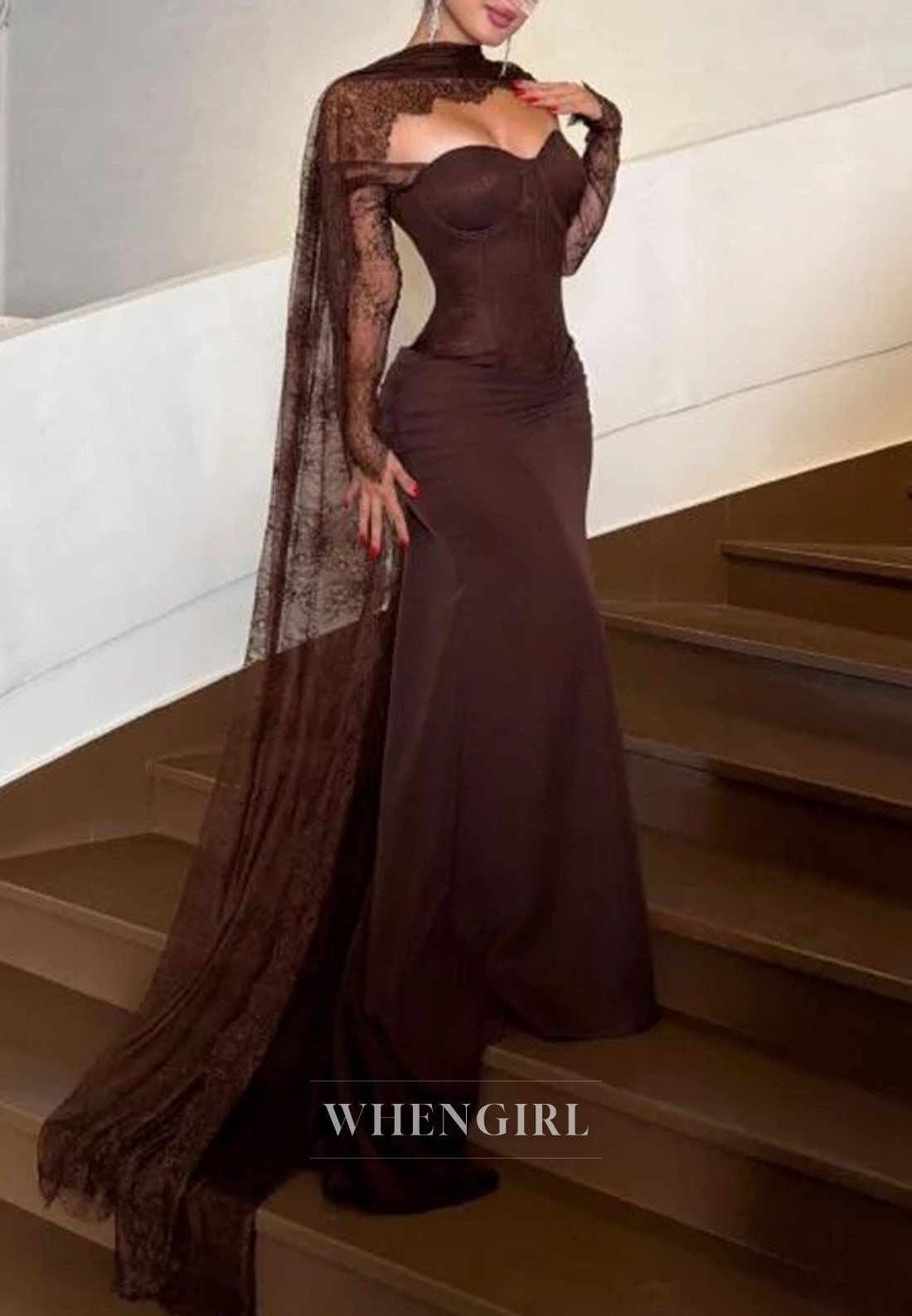 Corset Evening Gown with Lace Cape Sleeves