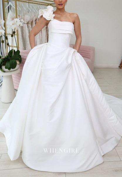 One-Shoulder Floral Ball Gown Wedding Dress