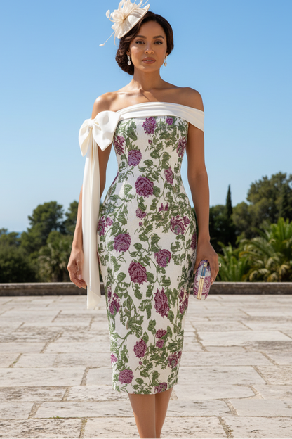 Off-Shoulder Floral Jacquard Midi Dress