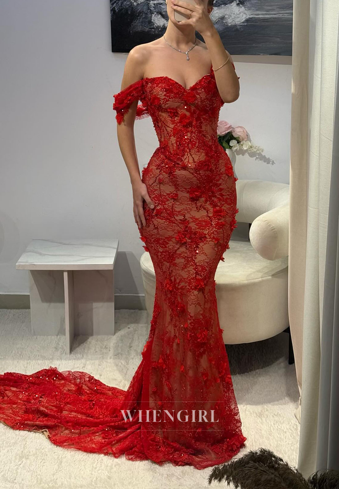 3D Floral Lace Mermaid Gown with Train