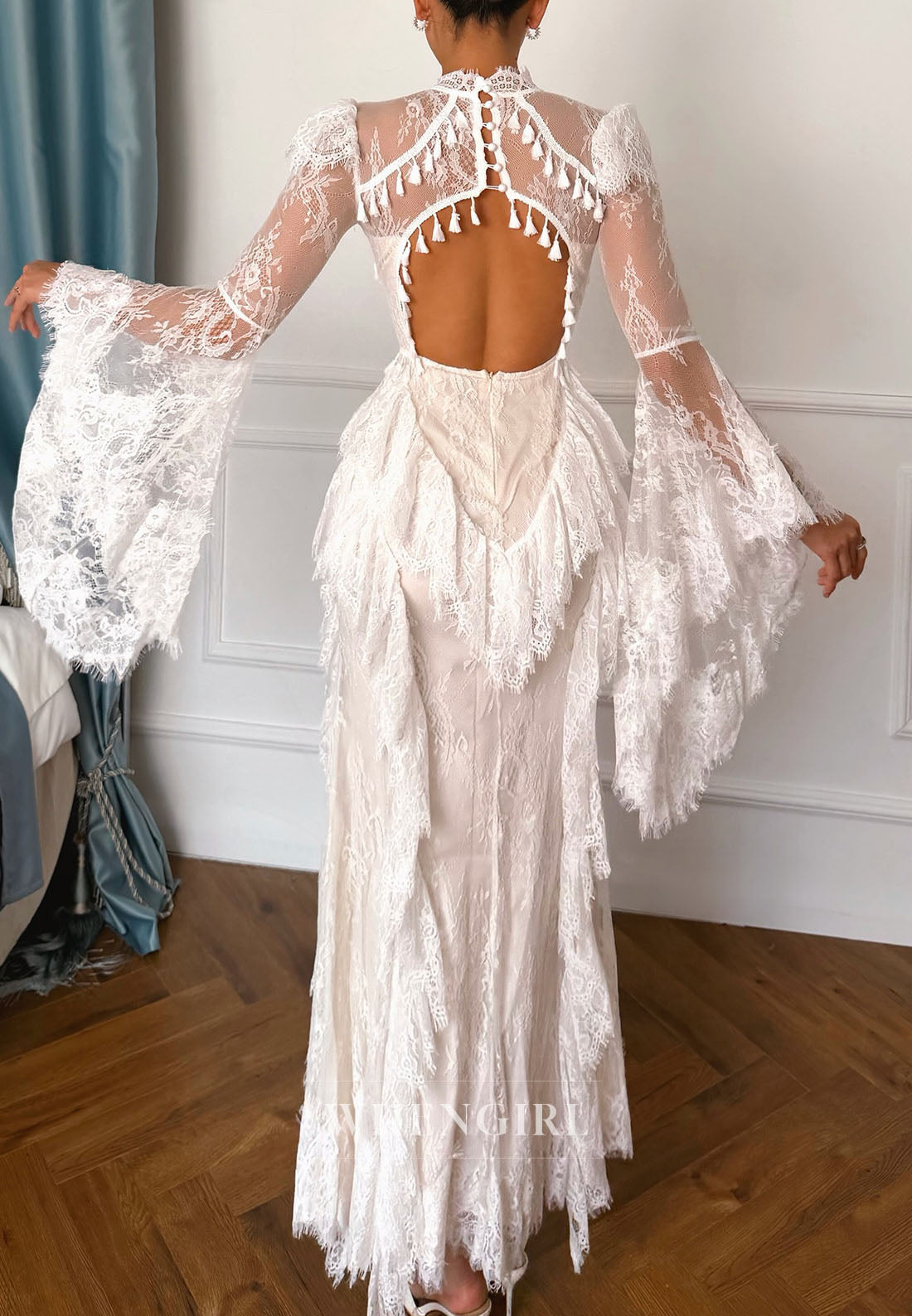 Lace Bell Sleeve Corset Gown with Tassels