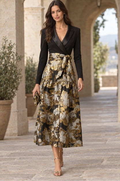 Shawl Collar Jacquard Tiered Midi Dress