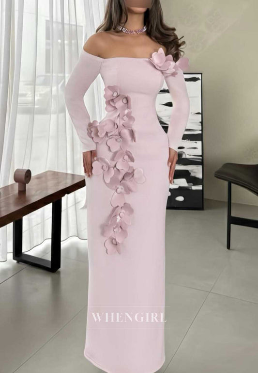 Off Shoulder Long Sleeve 3D Floral Gown