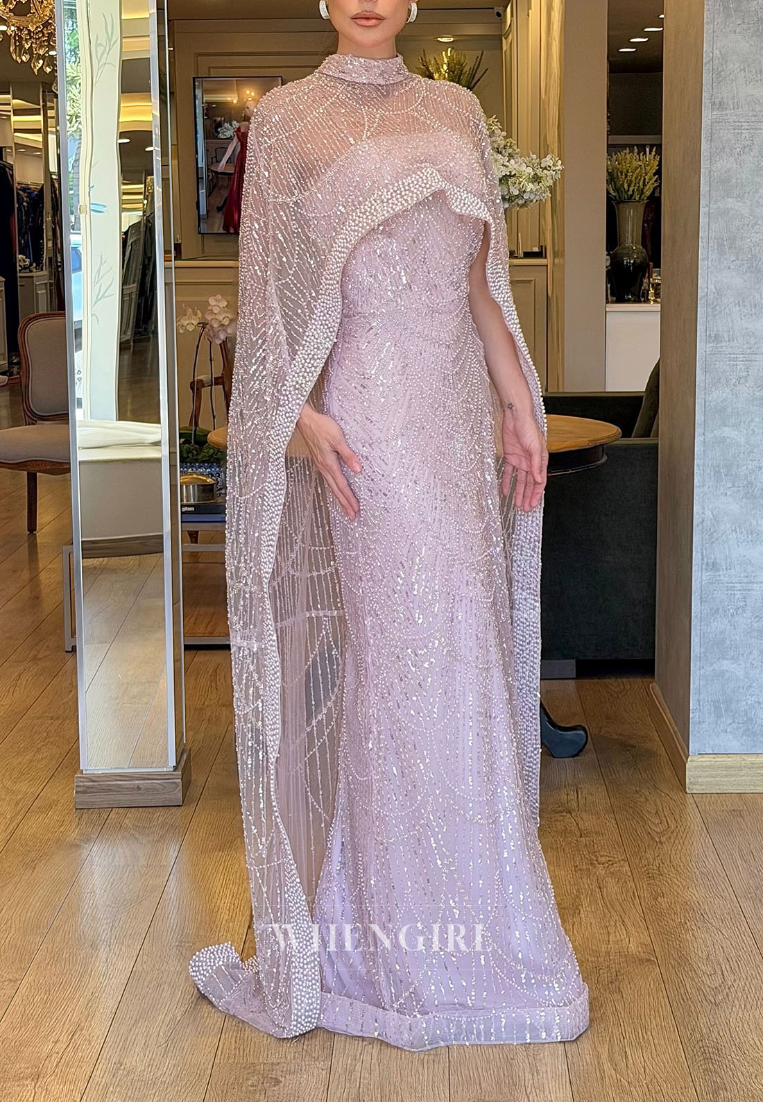 Beaded Column Gown with High-Neck Cape