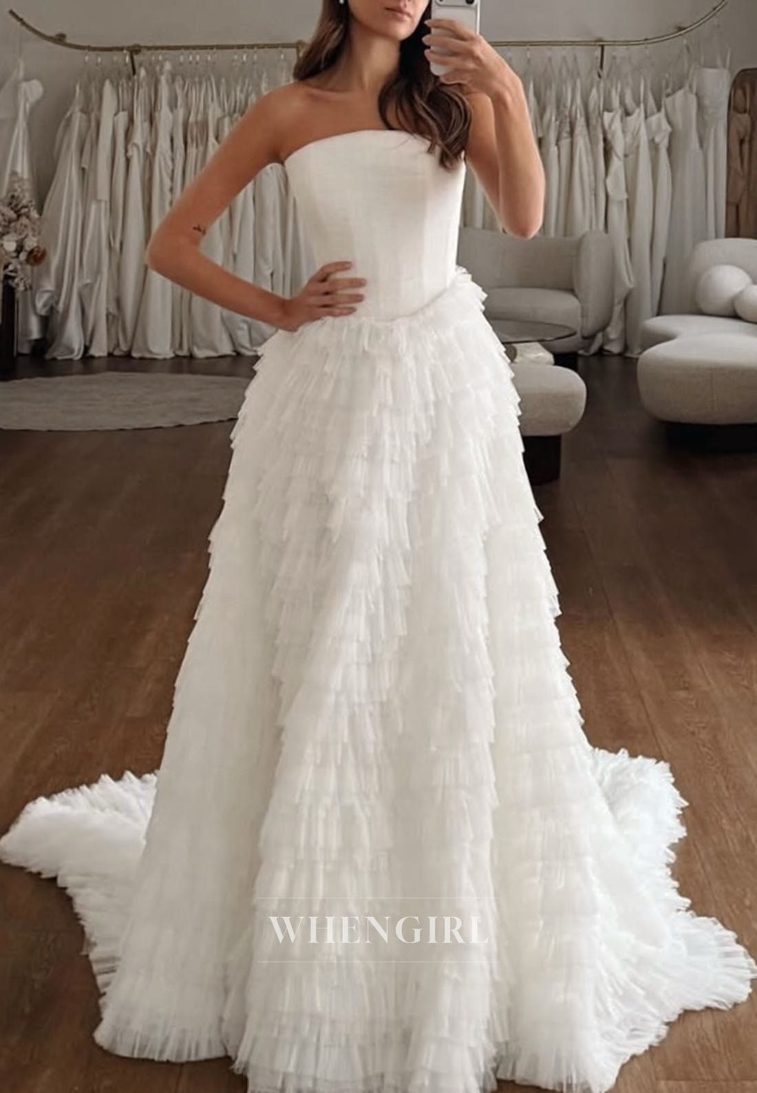 Strapless Tiered Ruffle Tulle Wedding Dress