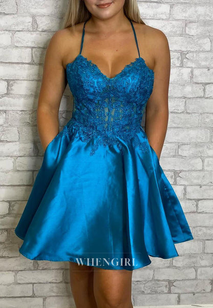 A-Line Satin Short Prom Dress with Corset Bodice