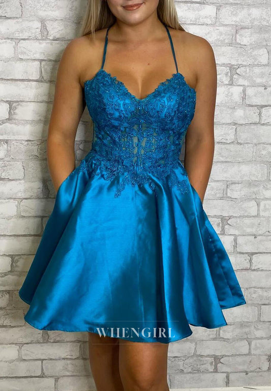 A-Line Satin Short Prom Dress with Corset Bodice