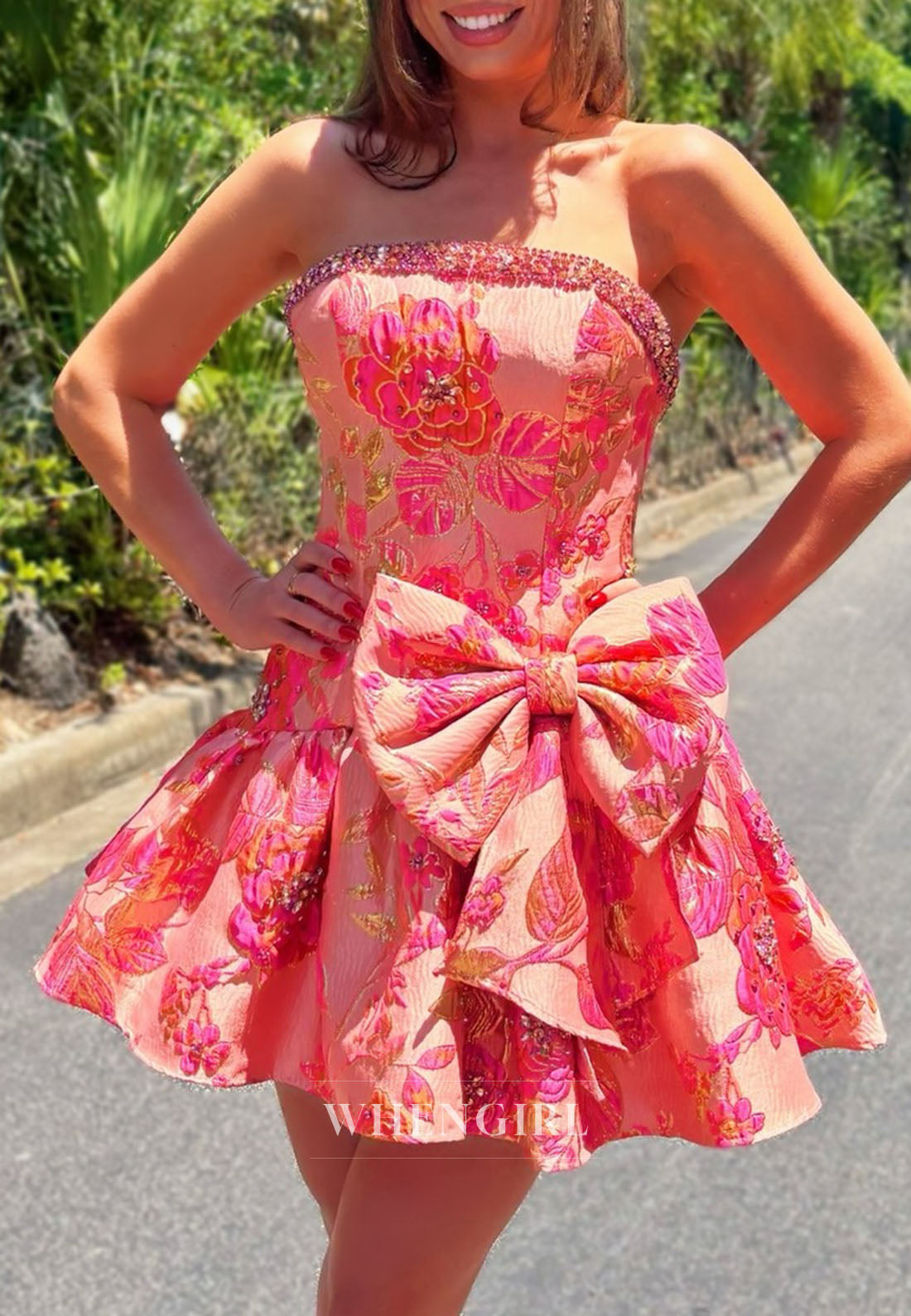 Strapless Floral Jacquard Mini Dress with Bow