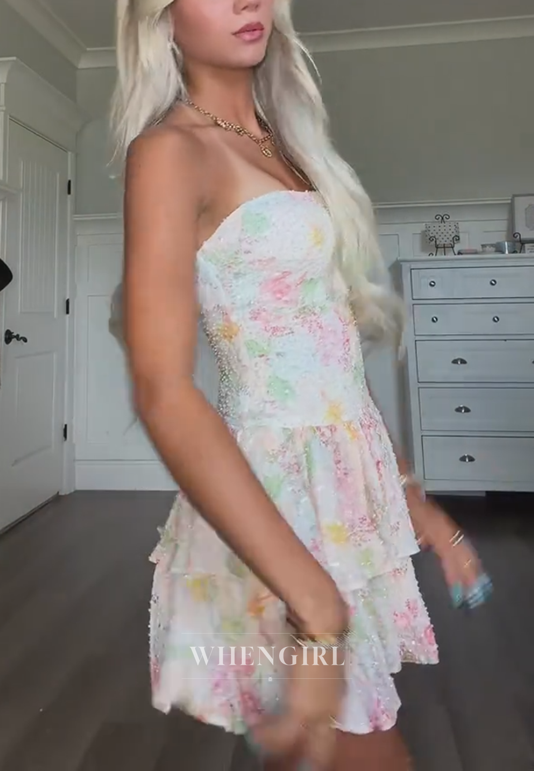 Strapless Floral Tiered Mini Dress