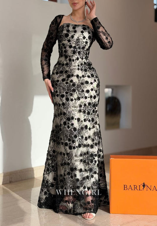 Floral Lace Long Sleeve Evening Gown with Train