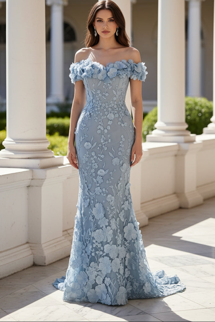 3D Floral Off-the-Shoulder Trumpet Evening Gown