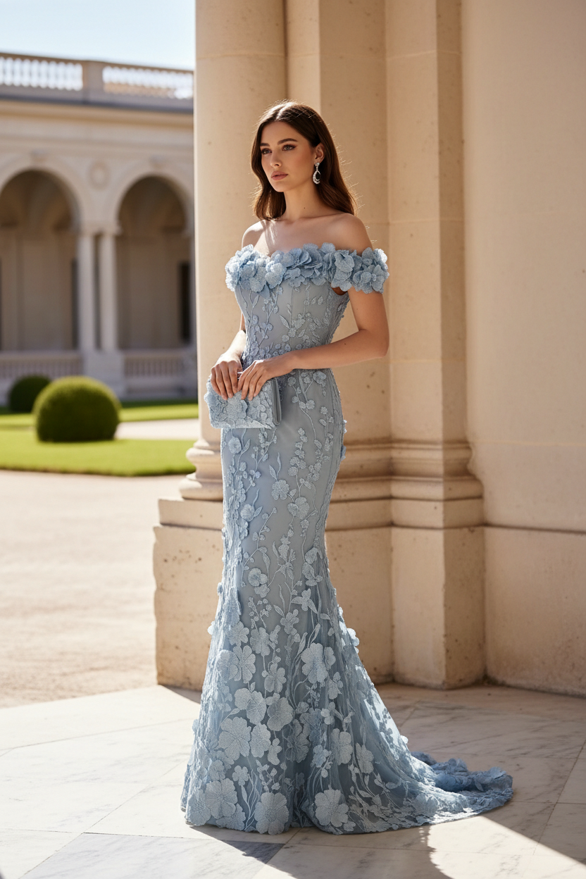 3D Floral Off-the-Shoulder Trumpet Evening Gown