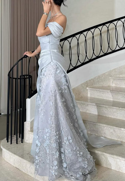 Off-the-Shoulder Draped Gown with 3D Flowers