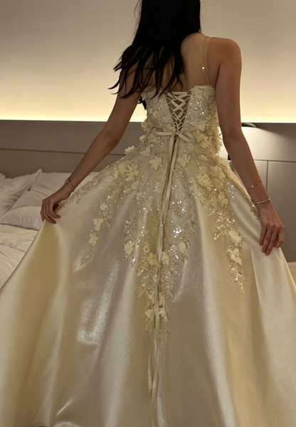 Floral Applique Ball Gown with Lace-Up Back