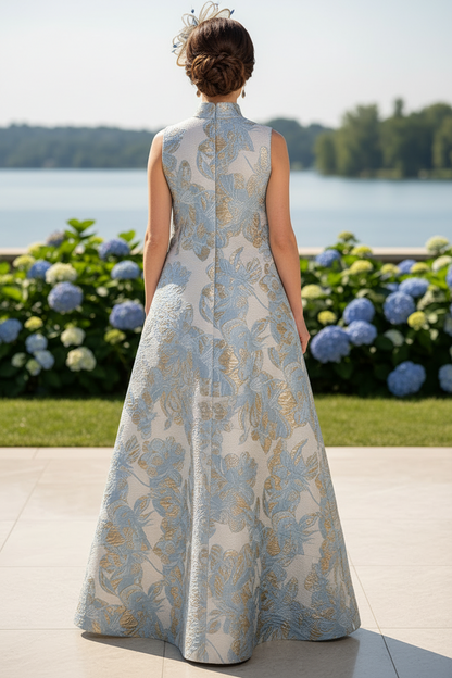 High Neck Metallic Jacquard Trapeze Maxi Dress