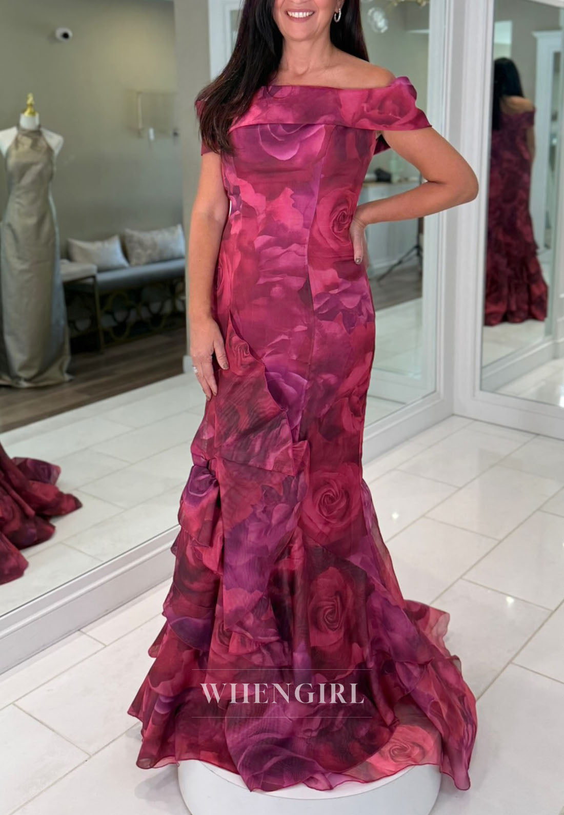 Off-the-Shoulder Floral Trumpet Gown with Ruffles