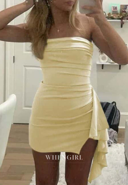 Strapless Ruched Bodycon Mini Dress with Side Draped Ruffle