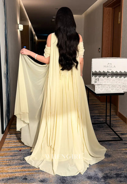 Beaded Cold-Shoulder Gown with Chiffon Cape