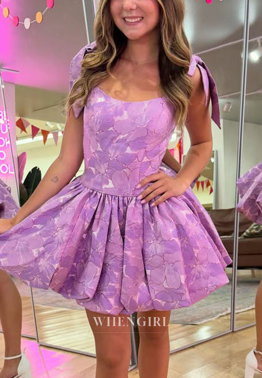 Floral Jacquard Bubble-Hem Mini Dress with Tie Straps