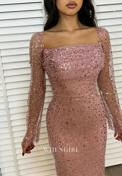 Pearl Beaded Mesh Long Sleeve Gown with Overskirt