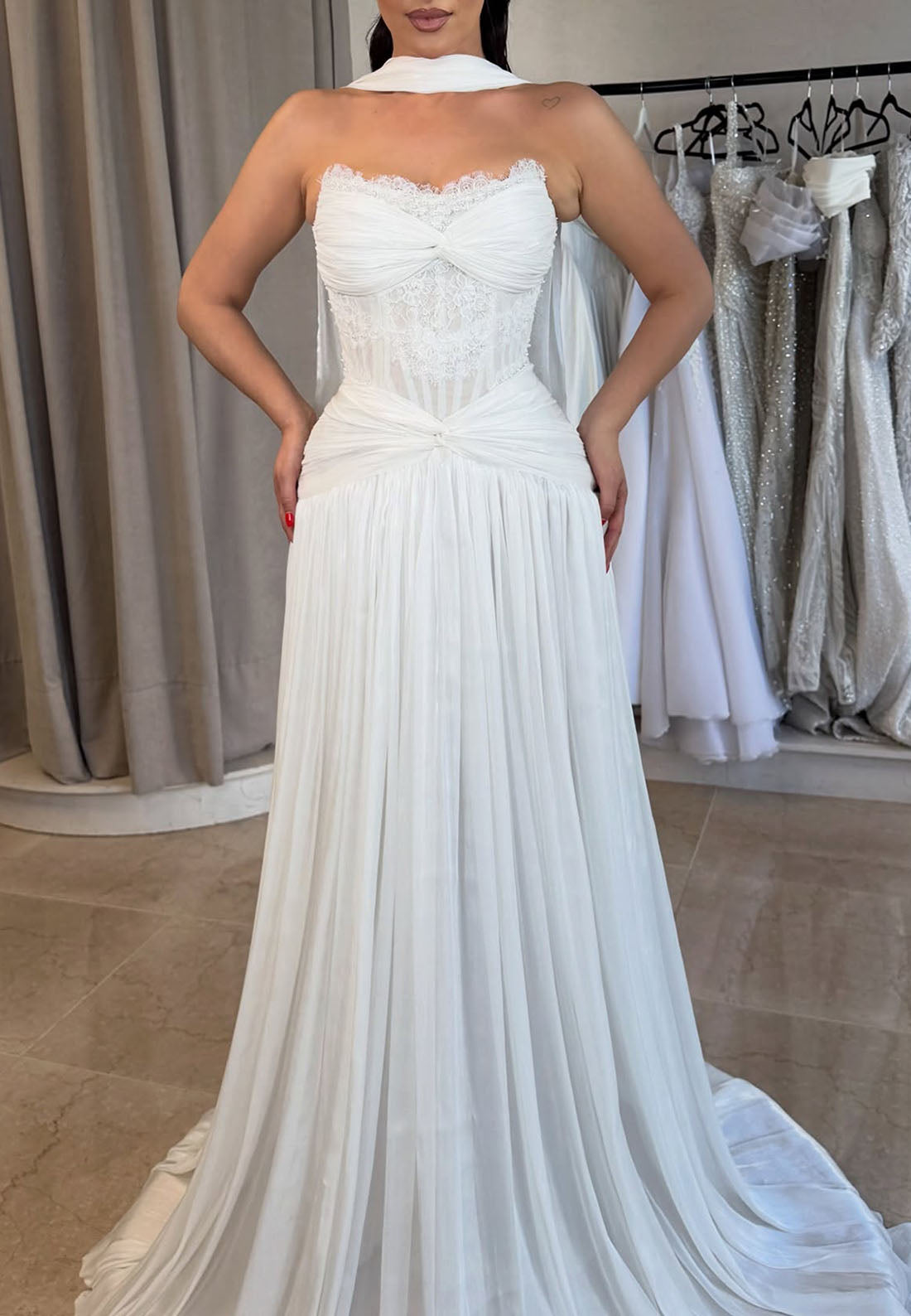 Corset Pleated Wedding Dress with Neck Scarf