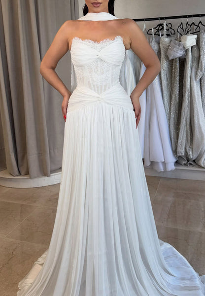 Corset Pleated Wedding Dress with Neck Scarf