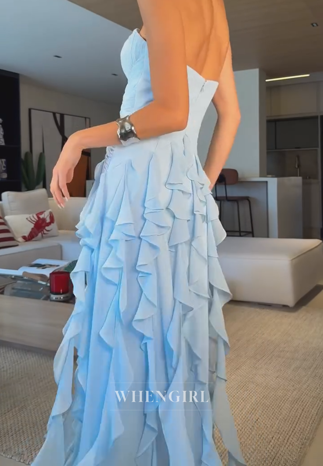 Strapless Cascading Ruffle Tiered Gown
