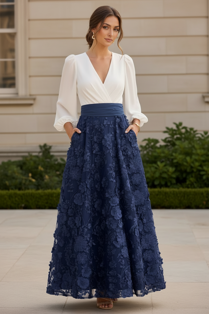 Long Sleeve A-Line Evening Gown with 3D Flowers