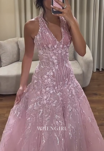 Embellished Halter Tulle Mermaid Formal Gown
