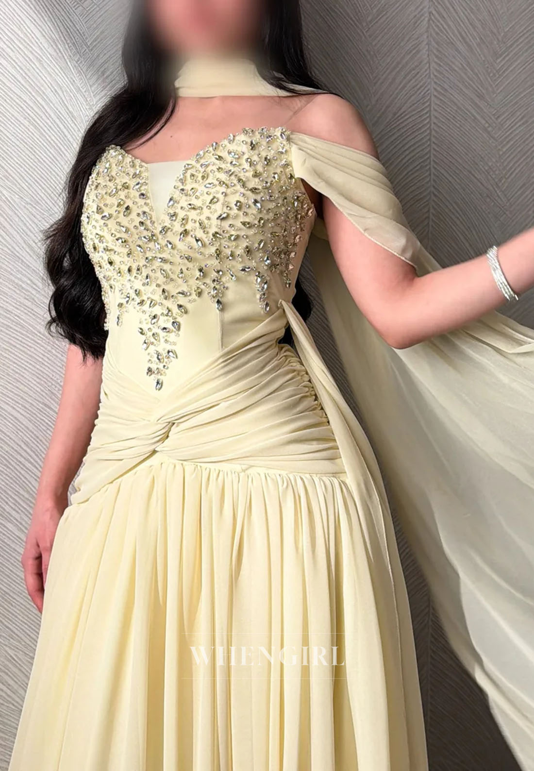 Beaded Cold-Shoulder Gown with Chiffon Cape