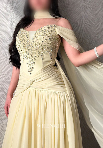 Beaded Cold-Shoulder Gown with Chiffon Cape
