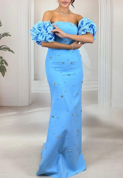 Crystal Embellished Off-Shoulder Column Evening Gown