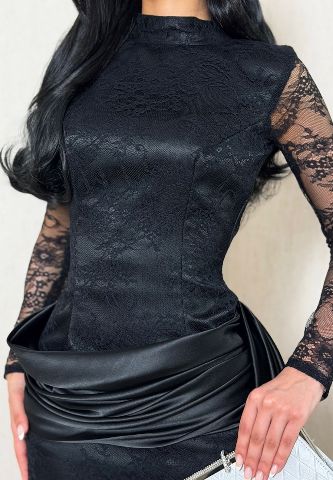 High Neck Lace Evening Gown with Satin Drape