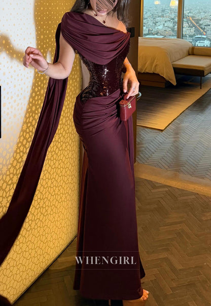 Sequined Asymmetrical Gown with Draped Cape