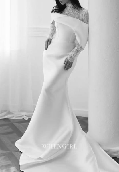 Lace High Neck Mermaid Wedding Dress with Folded Capelet
