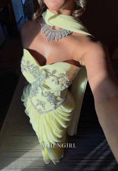 Strapless Embellished Corset Gown with Scarf