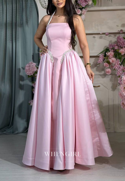 Pearl-Embellished Halter Satin A-Line Gown